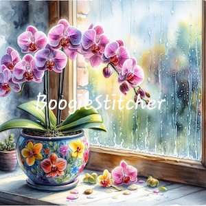 May include: A watercolor painting of a pink orchid plant in a colorful pot, sitting on a windowsill. The window is open and rain is falling outside. The painting is titled "Boogie Stitcher".