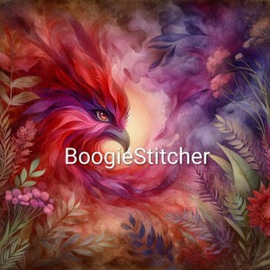 Op de afbeelding: Een levendige aquarelillustratie van een roofvogel met rode, paarse en roze veren. Het oog van de vogel is gefocust en de achtergrond heeft een mix van kleuren en bloemelementen. De tekst "BoogieStitcher" wordt weergegeven.