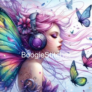 Puede incluir: Ilustración digital de un hada con cabello rosado, auriculares y alas de mariposa. El hada lleva auriculares con un centro morado. Mariposas en tonos azules, rosas y amarillos están dispersas alrededor del hada. El texto "BoogieStitcher" está en la parte inferior.