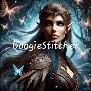 May include: A fantasy portrait of a woman with long, flowing dark hair, wearing a crown and armour. She has pointed ears and blue eyes. The background is a dark forest with glowing butterflies.