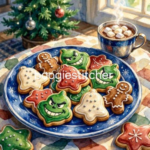 Puede incluir: Un plato de cerámica azul lleno de galletas navideñas variadas, incluyendo figuras de jengibre, caras sonrientes verdes y campanas blancas con chispas plateadas. Una taza de chocolate caliente con malvaviscos está cerca, con un árbol de Navidad.
