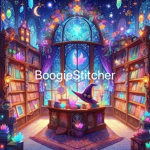 Op de afbeelding: Een digitale illustratie van een magische bibliotheek met boekenplanken, een bureau en een groot glas-in-loodraam. De tekst "BoogieStitcher" is zichtbaar. De scène is gevuld met kleurrijke boeken, kristallen en een heksenhoed, wat een grillige sfeer creëert.