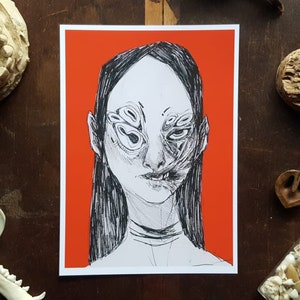 Defaced Girl / stampa fine art opaca 5 x 7 / Strano / Surreale / Arte oscura / Denti / Body Horror / Grafite e inchiostro su carta