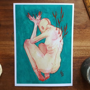 Spinal Sprouts / 5x7 matte fine art print / Strange / Plants / Surreal / Body Horror / Gouache and Fineliner on Watercolor Paper