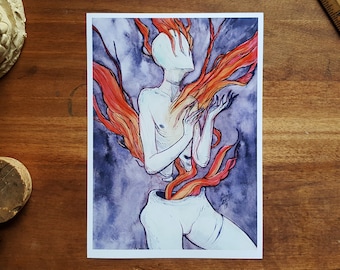 May include: A watercolour painting of a figure with a white body and a head with no facial features. The figure is surrounded by orange and red flames that appear to be coming from its torso.