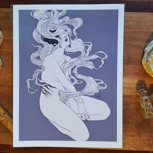 May include: A black and white line drawing of a woman with long flowing hair, her body is partially obscured by the hair. The woman is sitting with her legs crossed and her head tilted back. The background is a light purple colour.