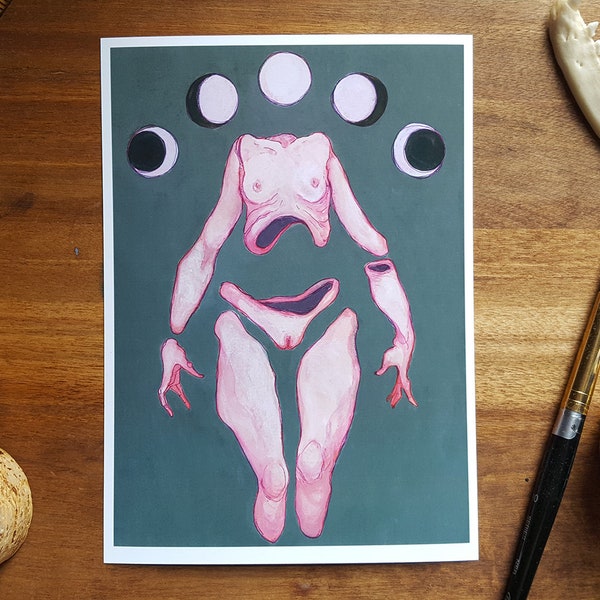 Lunar Phase Art Print: Surreal Dark Art, Signed 5x7