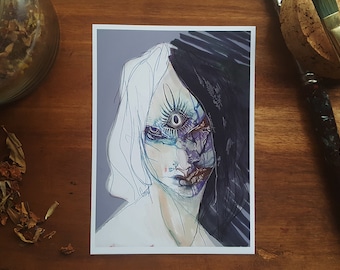 May include: A black and white illustration of a person with a third eye. The person's face is partially obscured by a dark shadow. The illustration is done in a watercolour style.