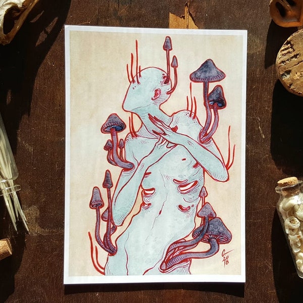 Parasitical / 5 x 7 matte fine art print / Strange / Surreal / Dark art / Mushroom / Fungi / Body Horror / Watercolor and ink on Bristol