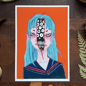 Gespaltenes Gesicht / 5 x 7 matte Fine Art Print / Seltsam / Surreal / Dunkle Kunst / Menhera / Körper Horror / Gruselig / Gouache auf Papier