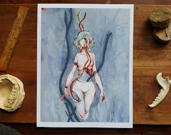 Wydruk sztuki grozy z przebitym ciałem: Surrealistyczna, mroczna sztuka (8,5 x 11)