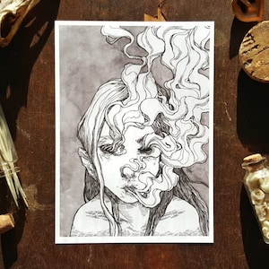 Vaporize / 5 x 7 matte fine art print / Strange / Surreal / Dark art / Smoke / Body Horror / Watercolor and ink on Bristol