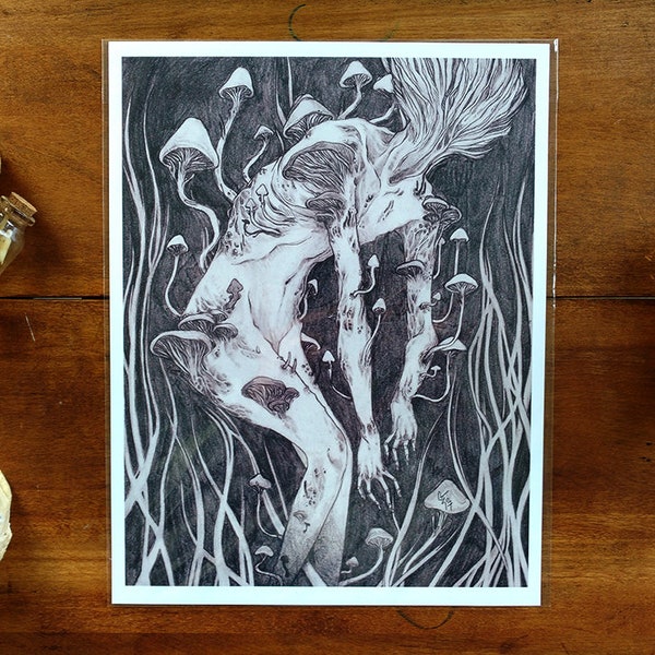 Fungus Creature Art Print: Surreal Dark Forest Graphite Drawing 8.5x11