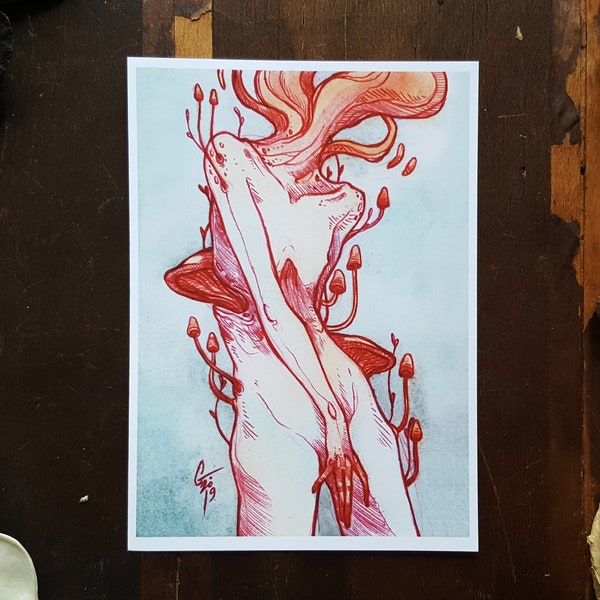 Burgeon Print: Surreal Dark Art, Watercolor & Ballpoint (5x7)