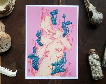 Surreal Mushroom Art Print: Strange Dark Art, Signed 5x7