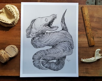 Moray Eel Print: Surreal Dark Art, Forest Mushroom Graphite (8.5x11)