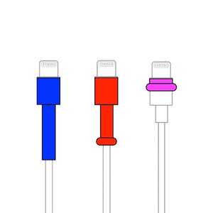 May include: Three different iPhone charging cables with different colored connectors. The first cable has a blue connector, the second cable has a red connector, and the third cable has a white connector with a pink ring around it.