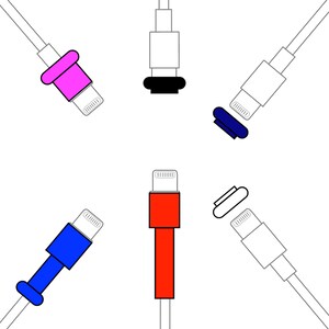 May include: Six different colored iPhone charging cables with various connectors. The cables are white, red, blue, pink, and black.