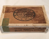 Unique Vintage 1926 Goldens Blue Ribbon 5 cent Decorative Wood Cigar Box - 9-3 8 quot X 5-5 8 quot X 2-3 4 quot - FREE SHIPPING