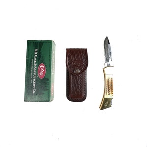 New Old Stock (NOS) Case XX 59L SS Hunting Heritage Amber Bone Lockback 2005 Pocket Knife with Sheath - Free Shipping!!