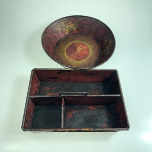 Vintage Toleware Tin Utensil Tray Carry Tote and Flower Decorated Bowl Set