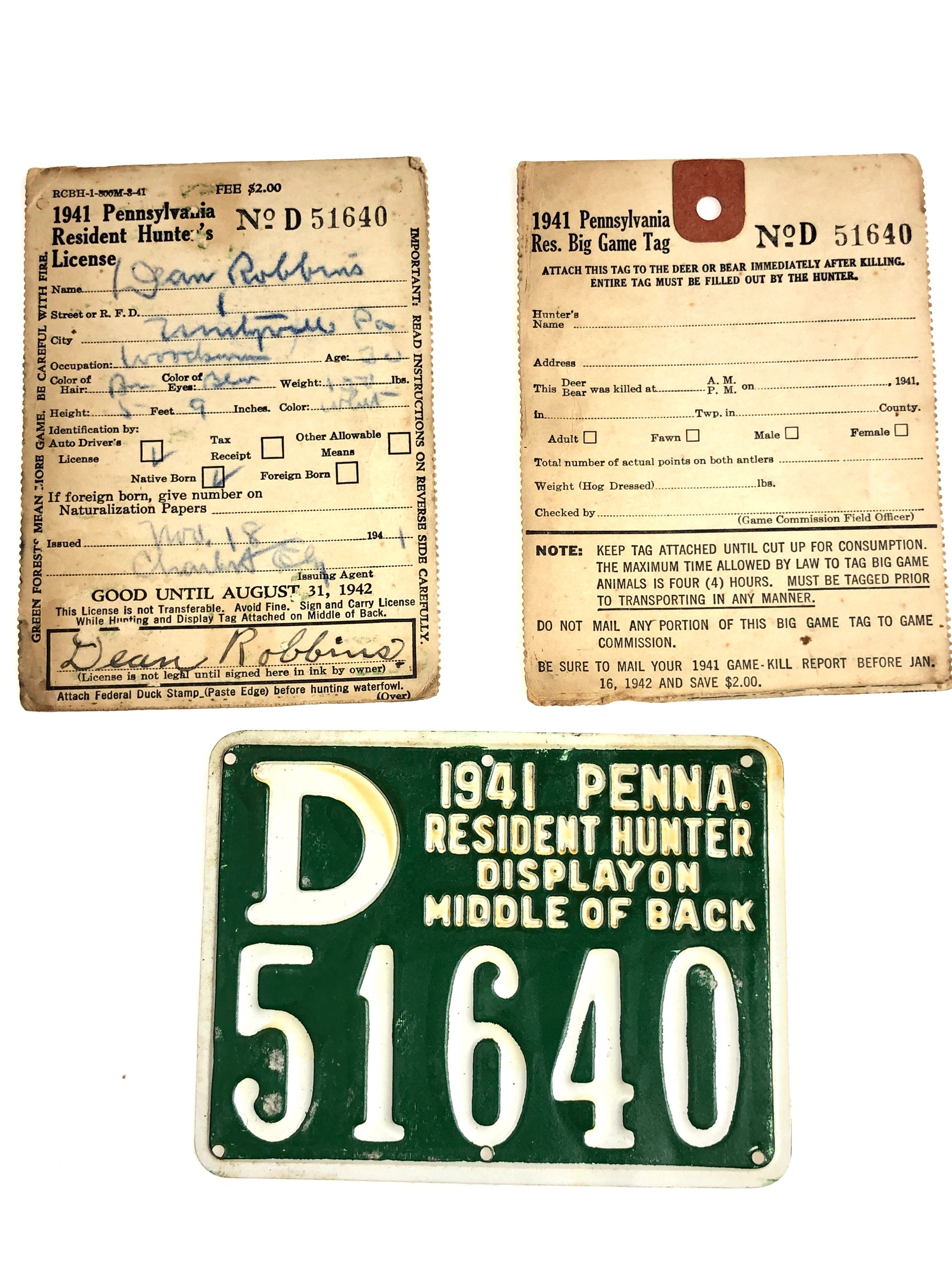 1941 Pennsylvania PA Resident Hunting License With Original Paperwork and  Big Game Tag - FREE SHIPPING!! - Etsy