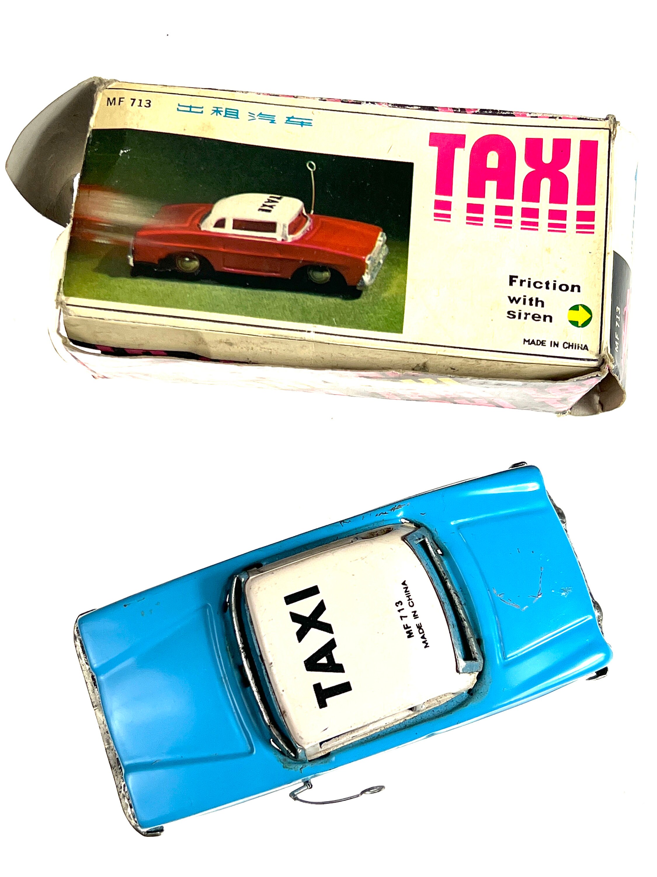Vintage 1970's Blue MF 713 Taxi Friction Car Tin Original Box Made
