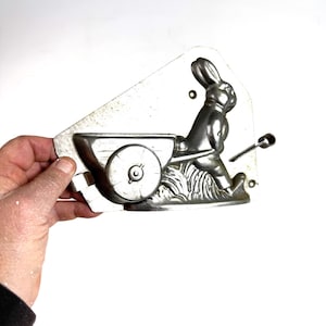 RARE Antique Bunny With Wheelbarrow Chocolate Mold – 7&quot; Rabbit Tin Mold Easter Candy Mold w/ Clips - Circa 1920s–1940s