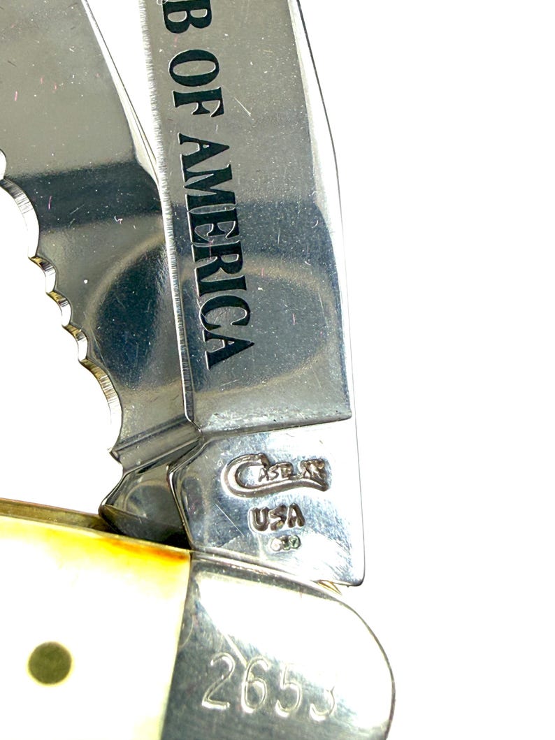 May include: Close-up of a partially open pocket knife. The stainless steel blade is engraved with "B OF AMERICA". The handle is a cream color with a brass pin. The knife has the "Case XX USA" logo and the number "2653" engraved on the blade.
