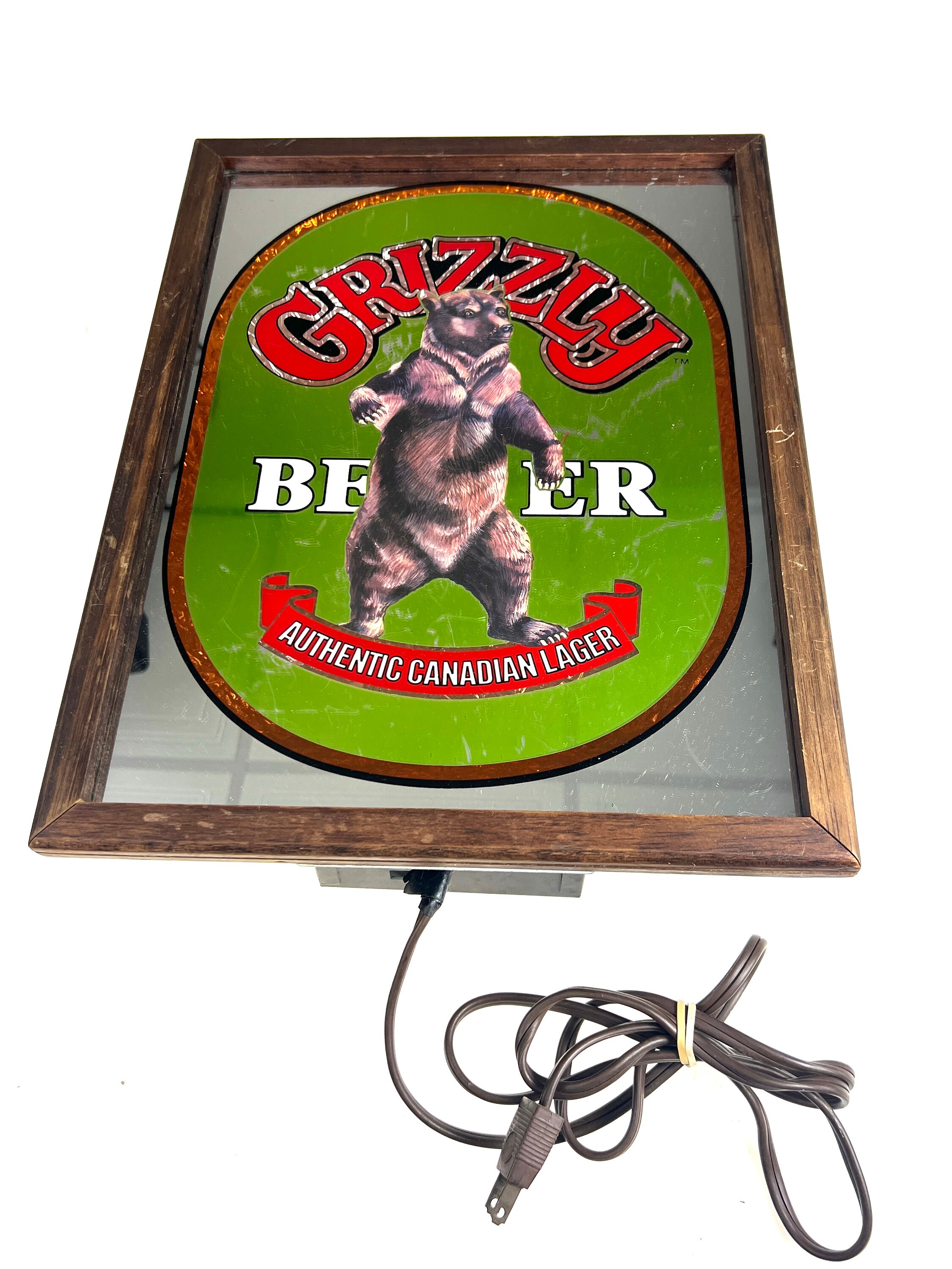 Vintage Grizzly Beer Lighted Mirror Sign 16-1/4