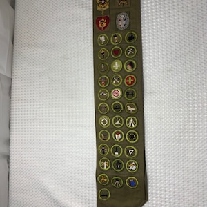 May include: A green Boy Scout sash with a variety of merit badges, including the Eagle Scout badge, the World Conservation Award, and the Citizenship in the World badge.