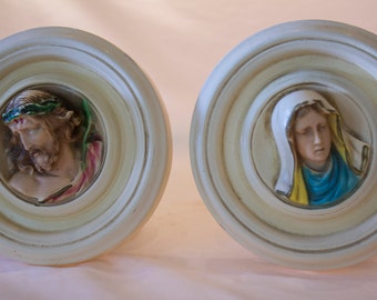 Vintage 5 inch Religious Jesus and Mary Chalkware Plaster Wall Plaques