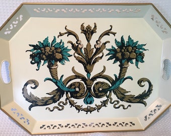 Vintage Pilgram Art handbemaltes Tole Metal Serviertablett # 150 - 56cm x 46cm - Schöner Zustand!!