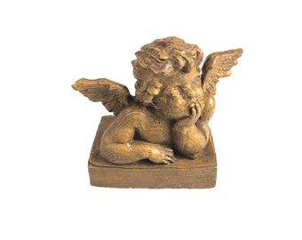 Vintage Resin Carved Wood looking Winged Cherub