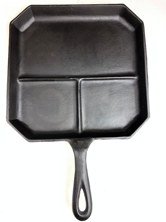 VERY UNIQUE Unmarked Cast Iron Divided Breakfast Skillet Diagonal Angled  Corners 