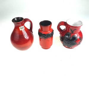 3 Vintage West German Bay Keramik Vases Jugs and Unmarked Black Fat Lava Vase Pottery  - circa 1960&#39;s