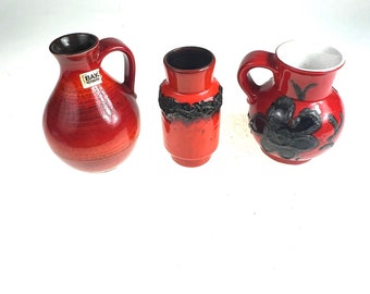 3 jarras vintage de jarrones Keramik de la Bahía de Alemania Occidental y cerámica de jarrón de lava gorda negra sin marcar - alrededor de la década de 1960