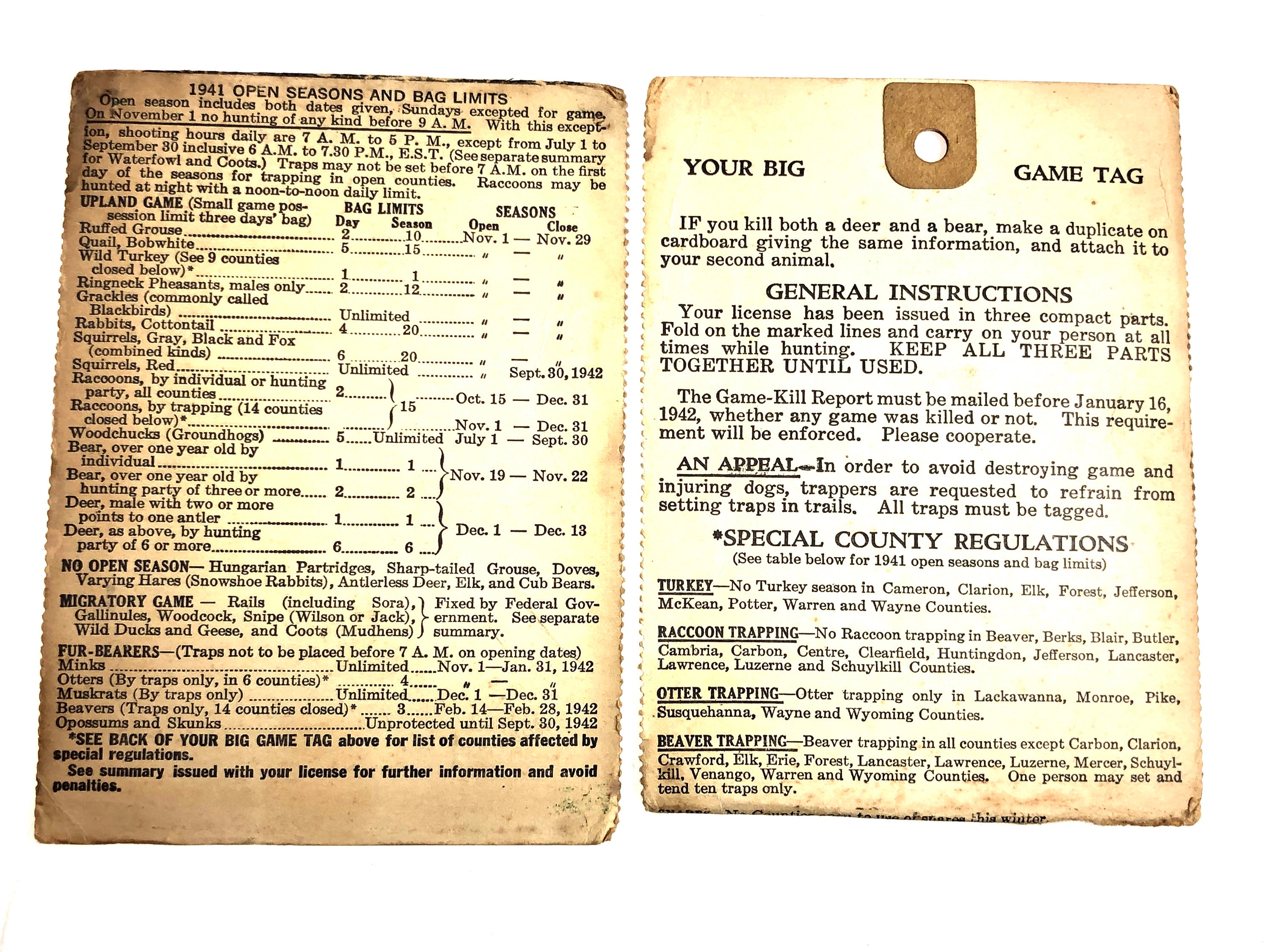 Licence De Chasseur Non-résident Pennsylvanie 1947 - Vintage Avec étiquette - Collection