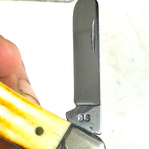 May include: A partially open pocket knife with a stainless steel blade and a handle with a cream and yellow pattern. The blade is marked with the number "88". The knife has a silver bolster and a brass rivet.