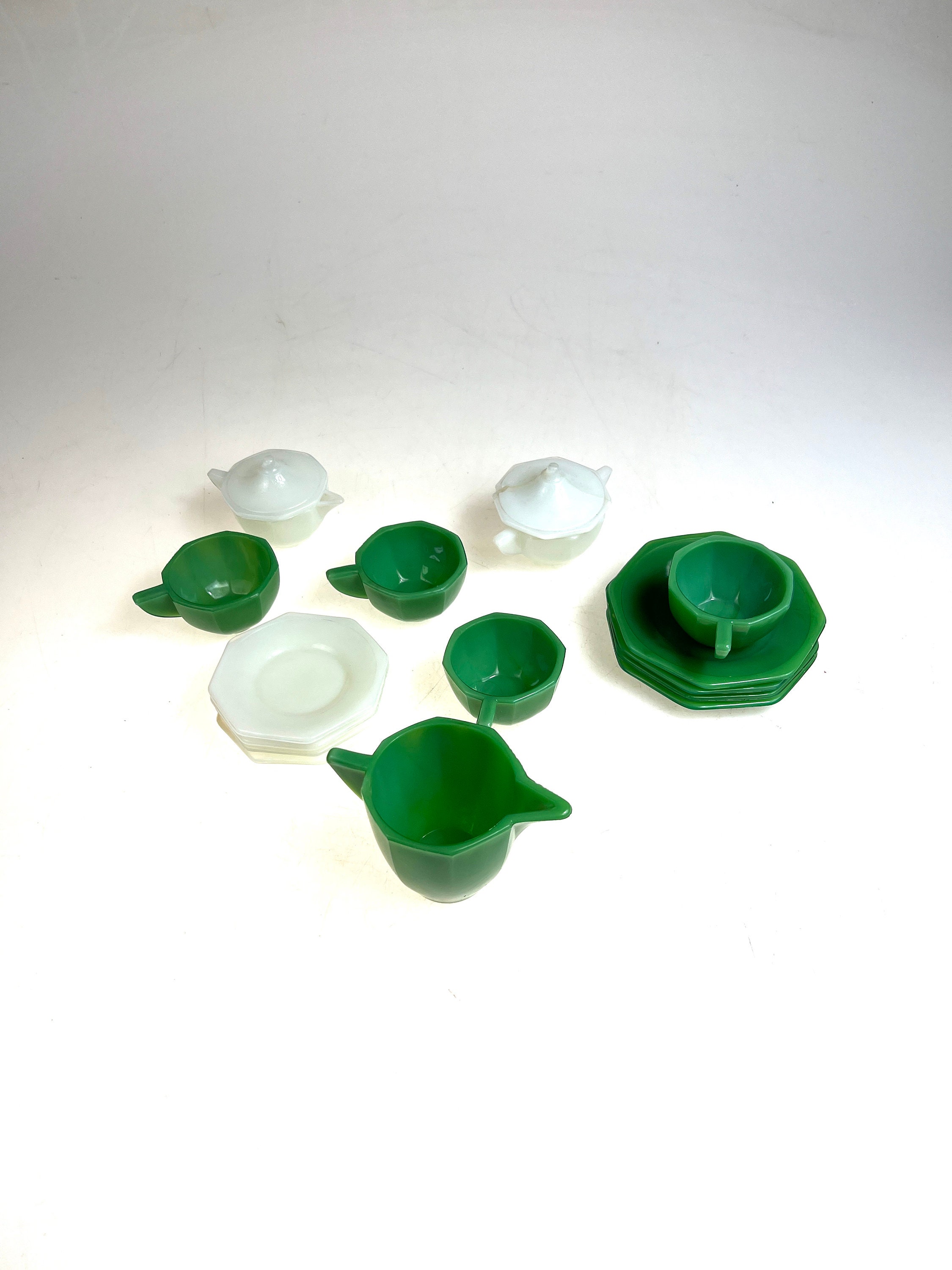 Set of Vintage Akro Agate Children's Green and White Dishes Cups ...