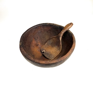 Antique Primitive Hand Hewn Wood Dough Bowl & Old Wood Spatula - 11&quot; X 5&quot; High