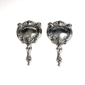 2 Antique Victor Silver Co. Silver Plated Cherub Angel Hand Mirrors - Art Nouveau Style 1904 and 1905 Patent Dates
