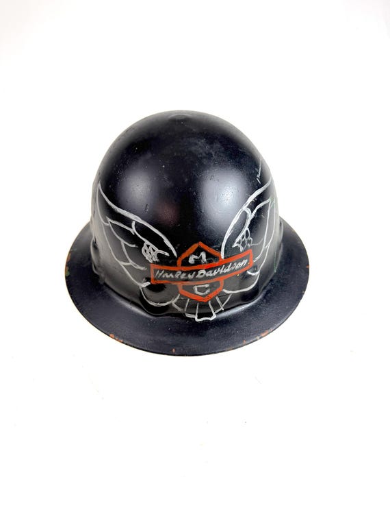 1960's motorcycle helmets Vintage Hand Painted Harley Davidson Hard Hat Fibre Metal Superlectric  Fiberglass Helmet 1960s 1970s Motorcycle Decor