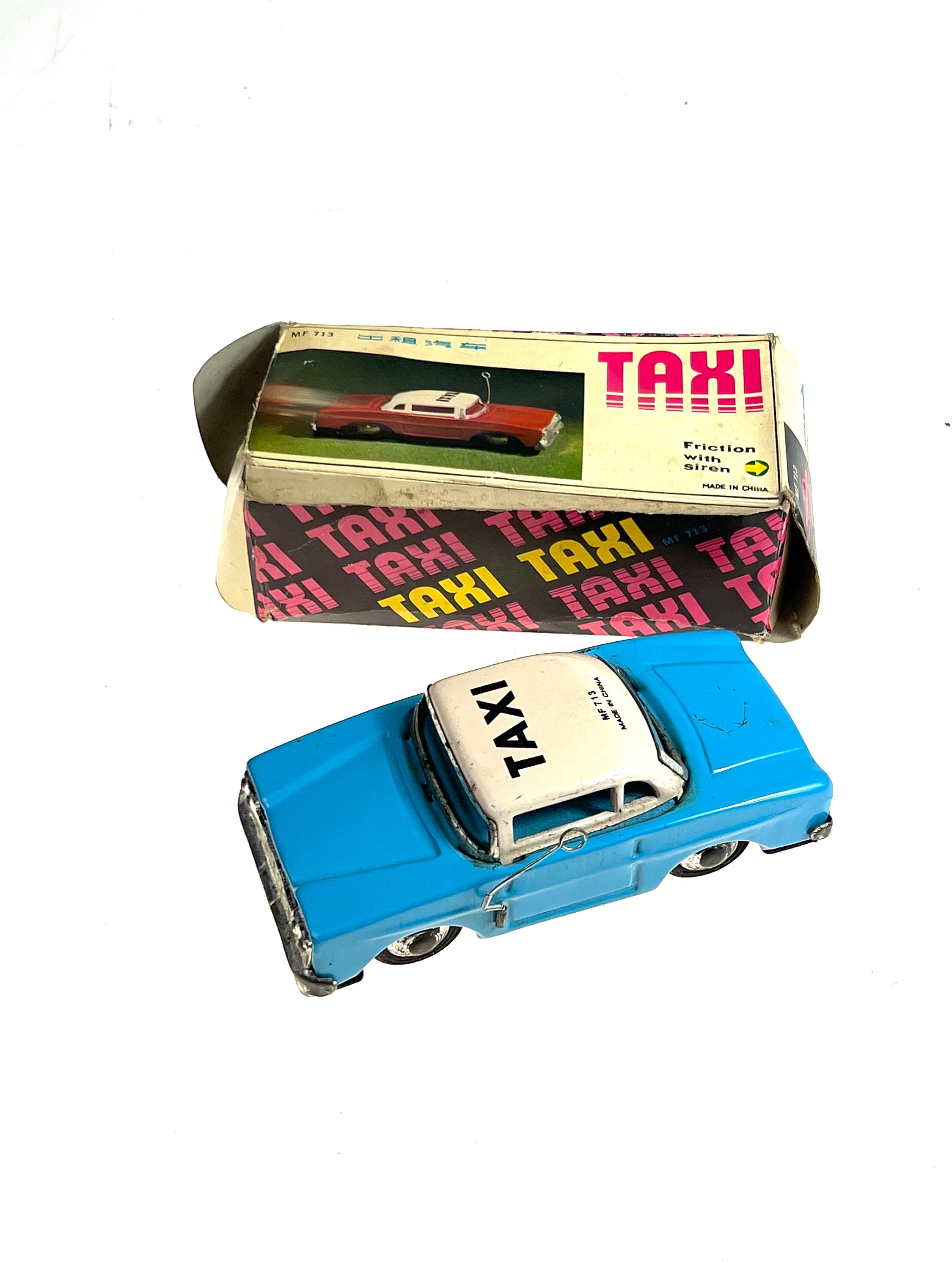 Vintage 1970's Blue MF 713 Taxi Friction Car Tin Original Box Made