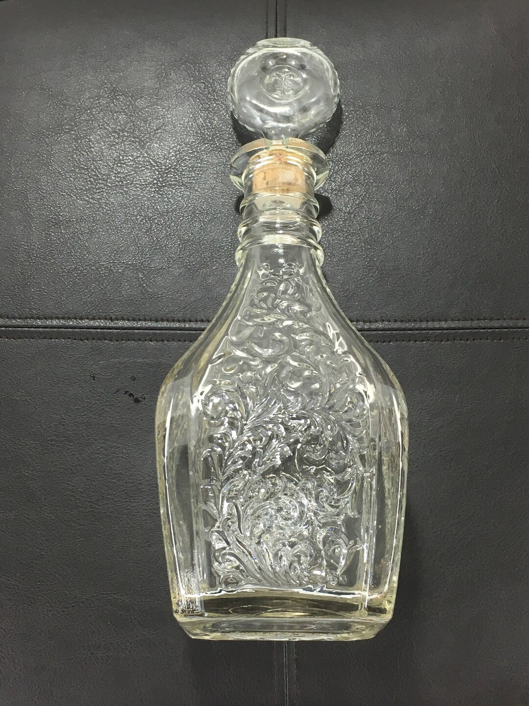 Vintage Etched Decanter With Vines Design and Tulip on Stopper FREE