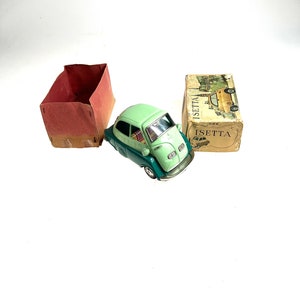 Vintage NEAR MINT Bandai BMW Isetta Green Tin Friction Car with Original Box
