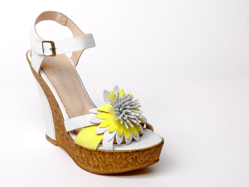 Womens leather SANDALS with platform white yellow platform SANDALS with flower,leather wedges white yellow SHOES floral decorated,gift for h Womens leather SANDALS with platform white yellow platform SANDALS with flower,leather wedges white yellow SHOES floral decorated,gift for h