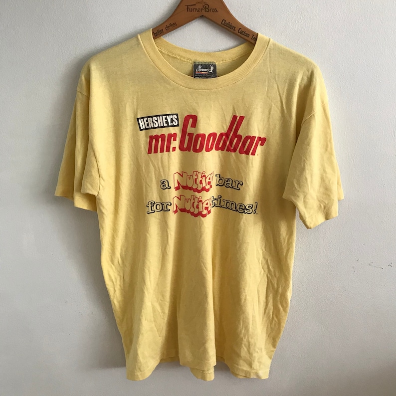Vintage Graphic Tee Mr Goodbar Womens Mens Large Candy Bar 80s 1980s Eighties Yellow Red Skimmer TShirt Cotton Poly Made in USA