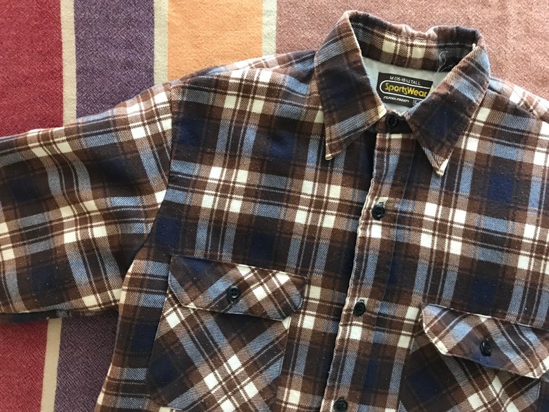 Quilted Plaid Flannel Heavy Vintage Shirt Jacket Brown Blue 80s 1980s Eighties Mens Womens Medium Large Western Cowboy Farm Utility
