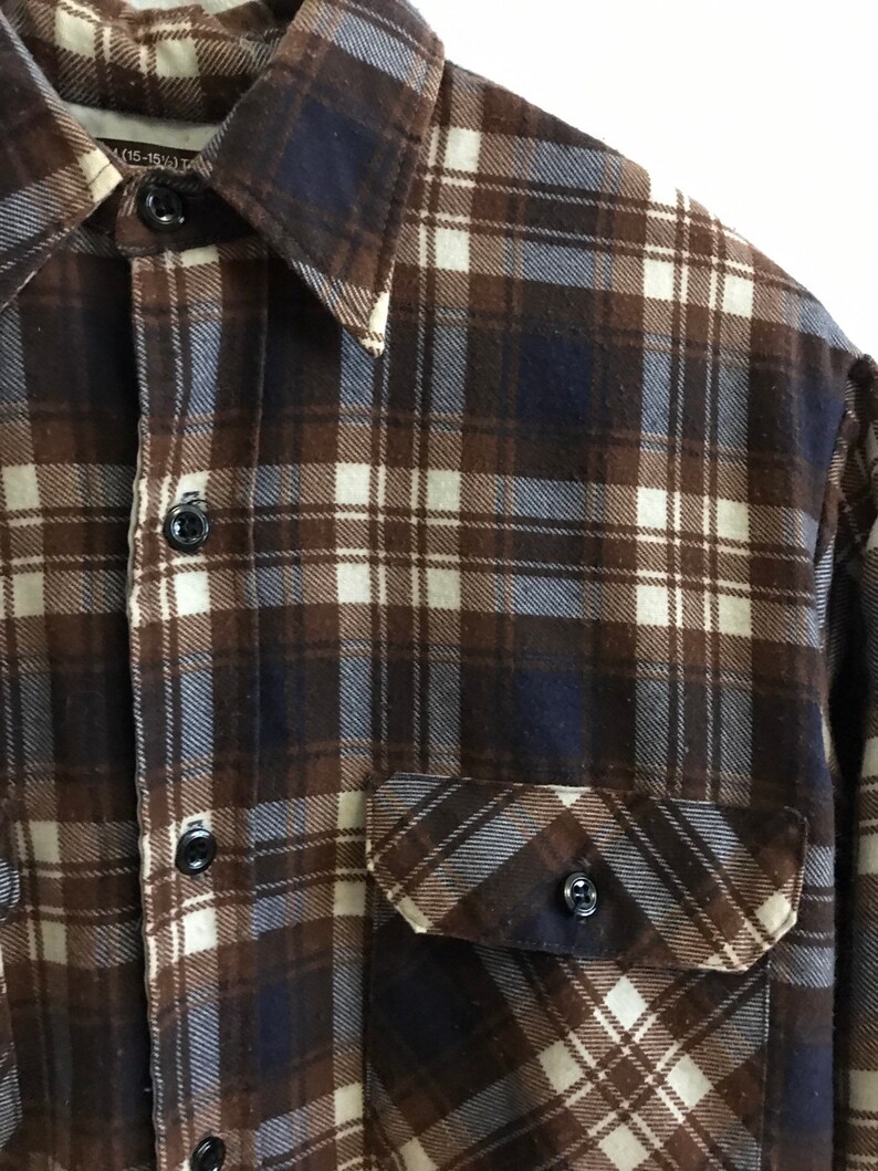 Quilted Plaid Flannel Heavy Vintage Shirt Jacket Brown Blue 80s 1980s Eighties Mens Womens Medium Large Western Cowboy Farm Utility